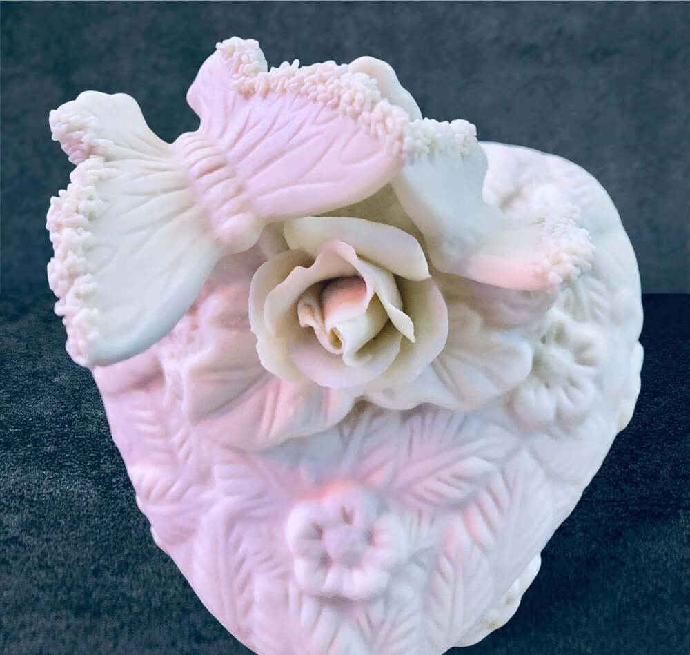 Vintage Ivory Porcelain Heart Trinket Box With Roses And Butterfly
